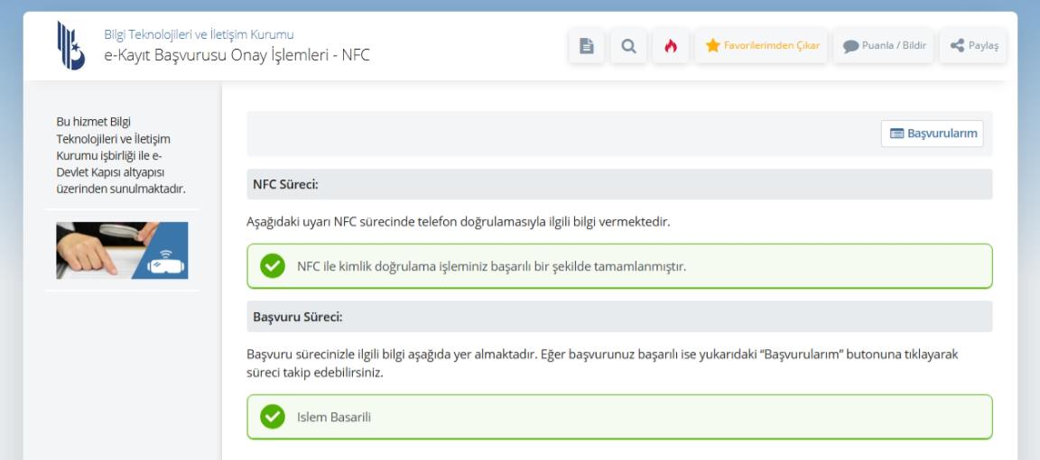 NFC Doğrulama Başarılı Sonuç Ekranı