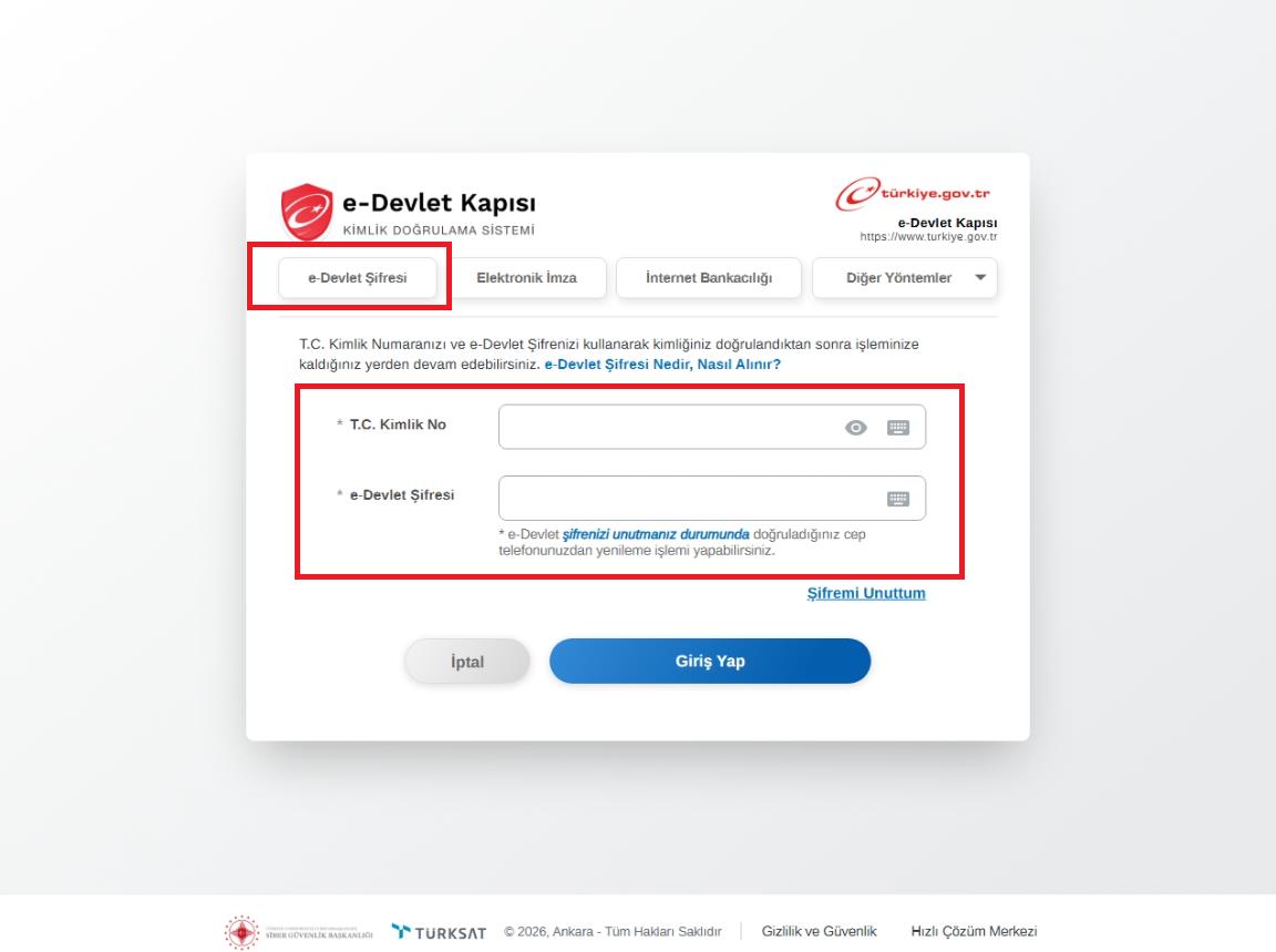 e-Devlet Şifresi ile Giriş